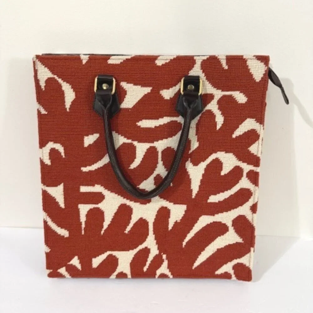Dransfield & Ross Woven Textile Tote Bag Rich Rust & Ivory Leaf Design